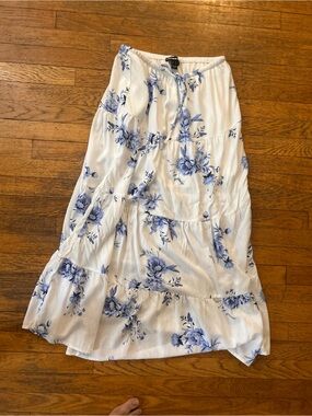 Women’s White Floral Tiered Midi Skirt - Blue Floral Print-size Medium